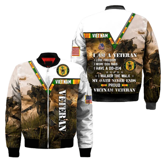 Veteran Bomber Jacket I Am A Proud Vietnam Veteran Bomber Whte Brown Unisex