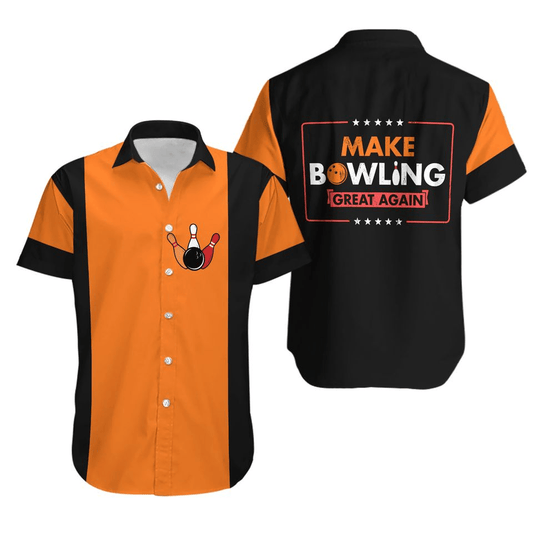 Bowling Hawaii Shirt Make Bowling Great Again Hawaiian Shirt Black Orange Unisex