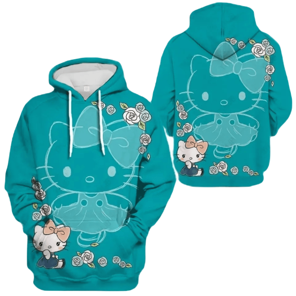 Hello Kitty Hoodie Dancing Hello Kitty Flower Pattern Hoodie Blue Unisex