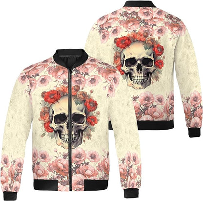 Skull Bomber Jacket Vintage Flowers And Skull Bomber Pink Yellow Unisex