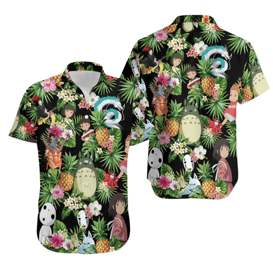 SGhibli Hawaii Shirt SGhibli Characters Tropical Pattern Hawaiian Shirt Black Green Unisex