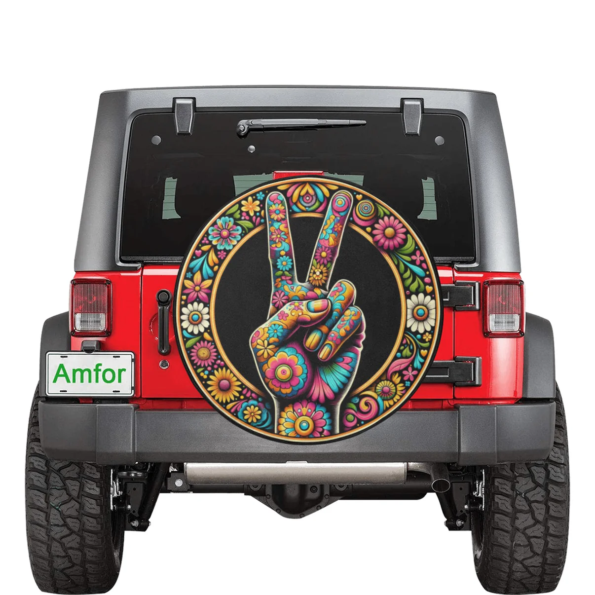 Hippie Spare Tire Cover Peace Hand Sign Flower Doodle Pattern Tire Covers Colorful