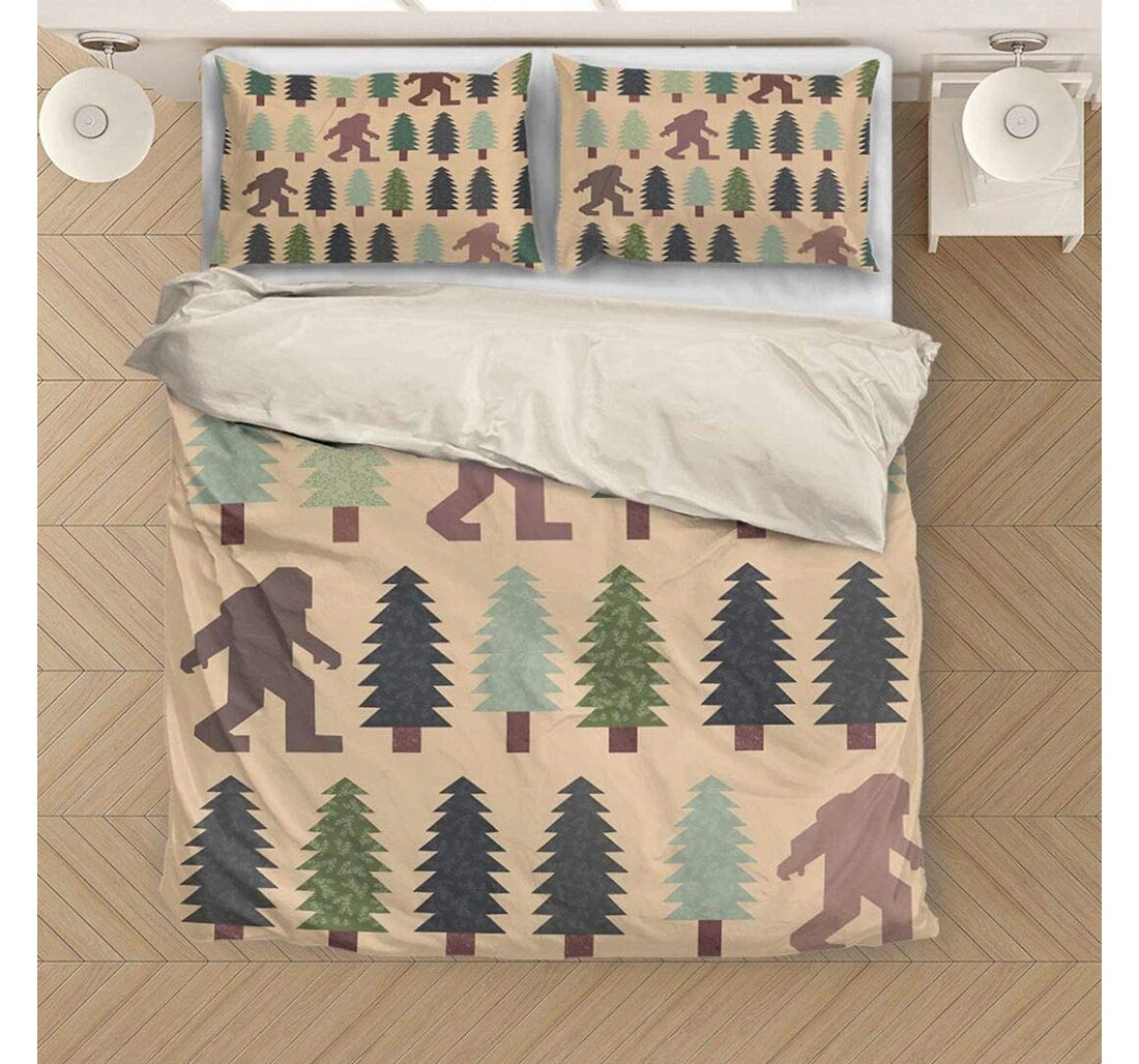 Bigfoot Bedding Set Bigfoot And Pine Tree Pattern Vintage Style Duvet Covers Brown Unique Gift