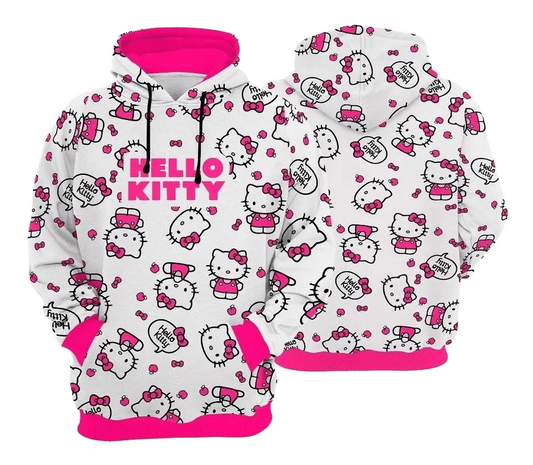 Hello Kitty Hoodie Hello Kitty Apple Ribbon Pattern Hoodie White Pink Unisex