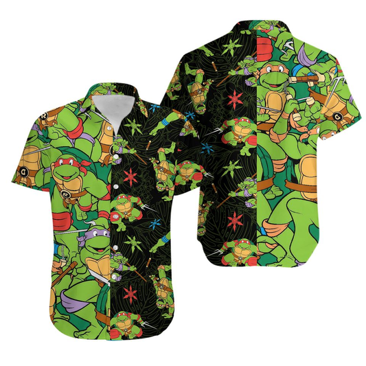 TMNT Hawaii Shirt Ninja Turtles Doodle Pattern Hawaiian Shirt Black Green Unisex