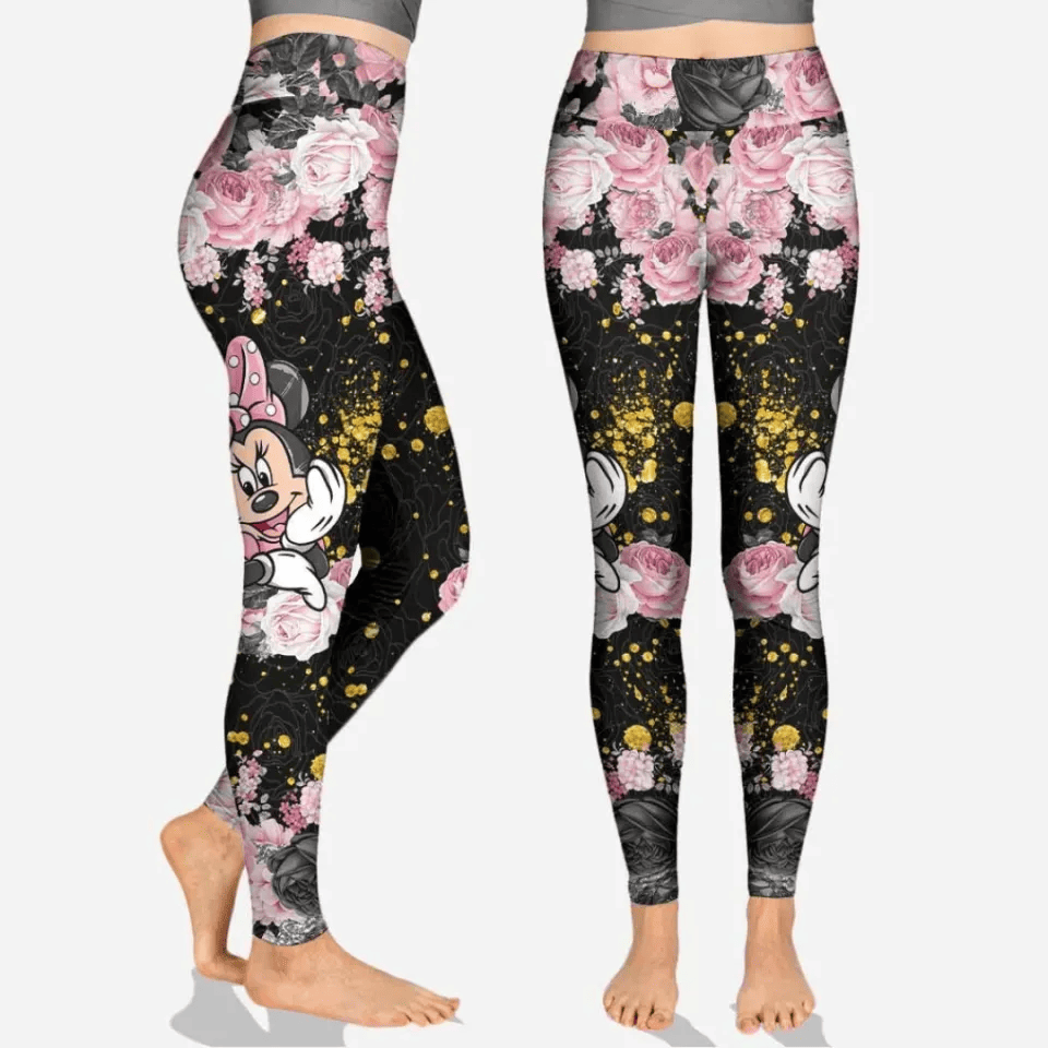 Minnie Leggings Minnie Graphic Rose Pattern High Waisted Legging Black Pink For Women