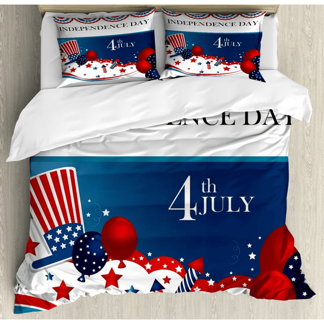 4th of July Bedding Set Fireworks Uncle Sam Hat Stars And Balloons Duvet Covers Blue Red Unique Gift