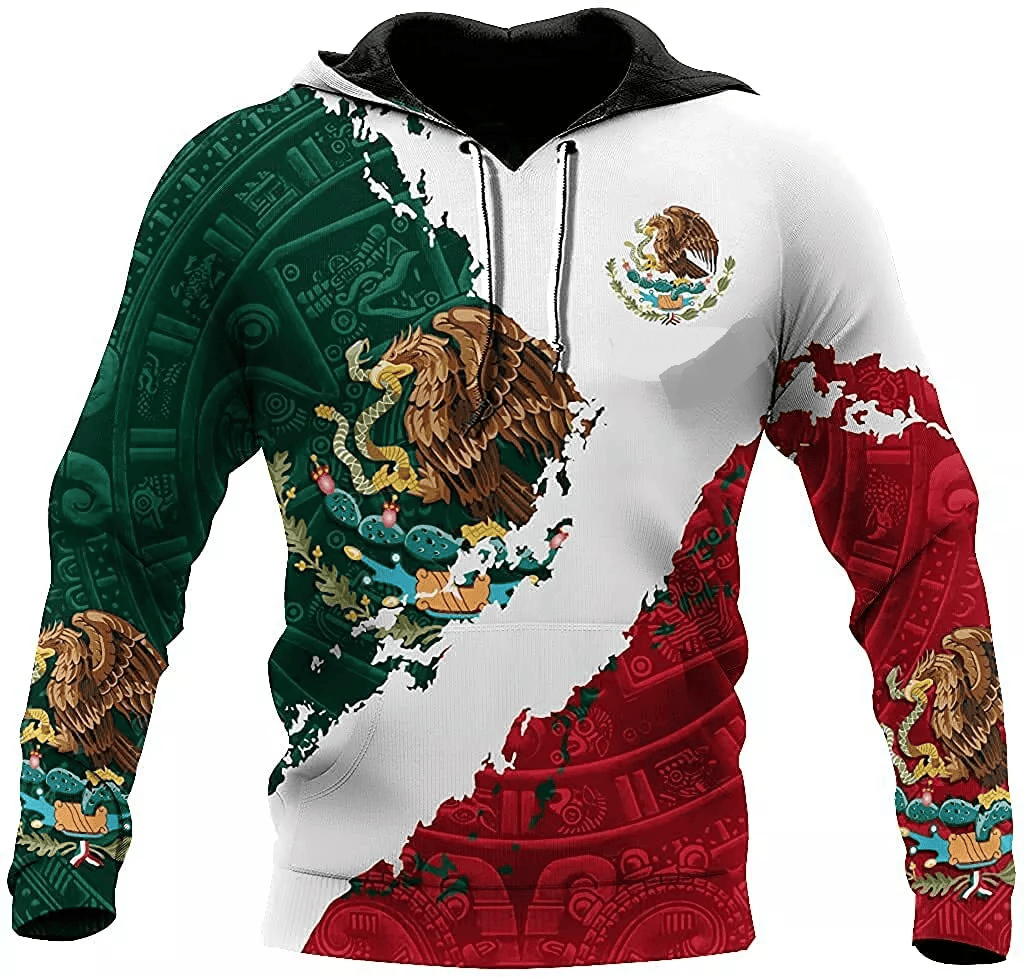 Mexico Hoodie Coat Of Arms Of Mexico Aztec Pattern Hoodie Red Green Unisex