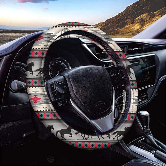 Native America Steering Wheel Cover Native American Horse Tribal Pattern Driving Wheel Cover White Gray