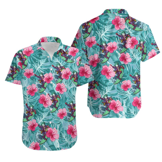 Joker Hawaii Shirt DC Joker Tropical Flowers Leaves Pattern Hawaiian Shirt Pink Green Unisex