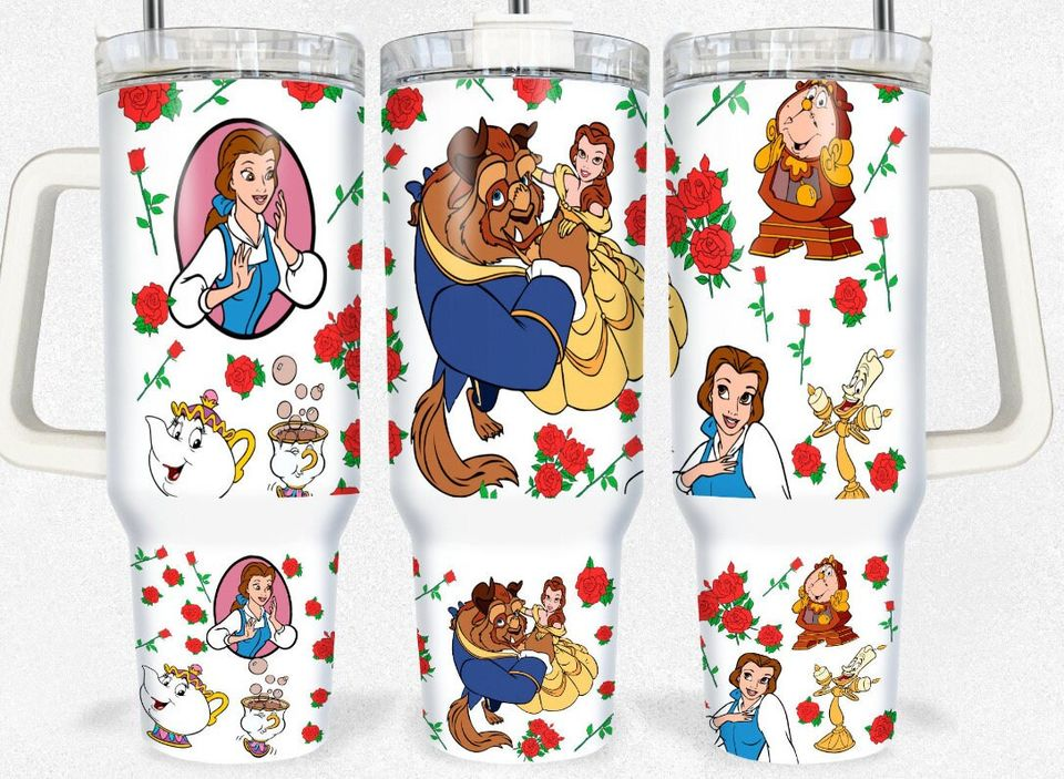 Beauty And The Beast 40 Oz Tumbler Belle Dancing Characters Pattern Tumbler 40 Oz Colorful