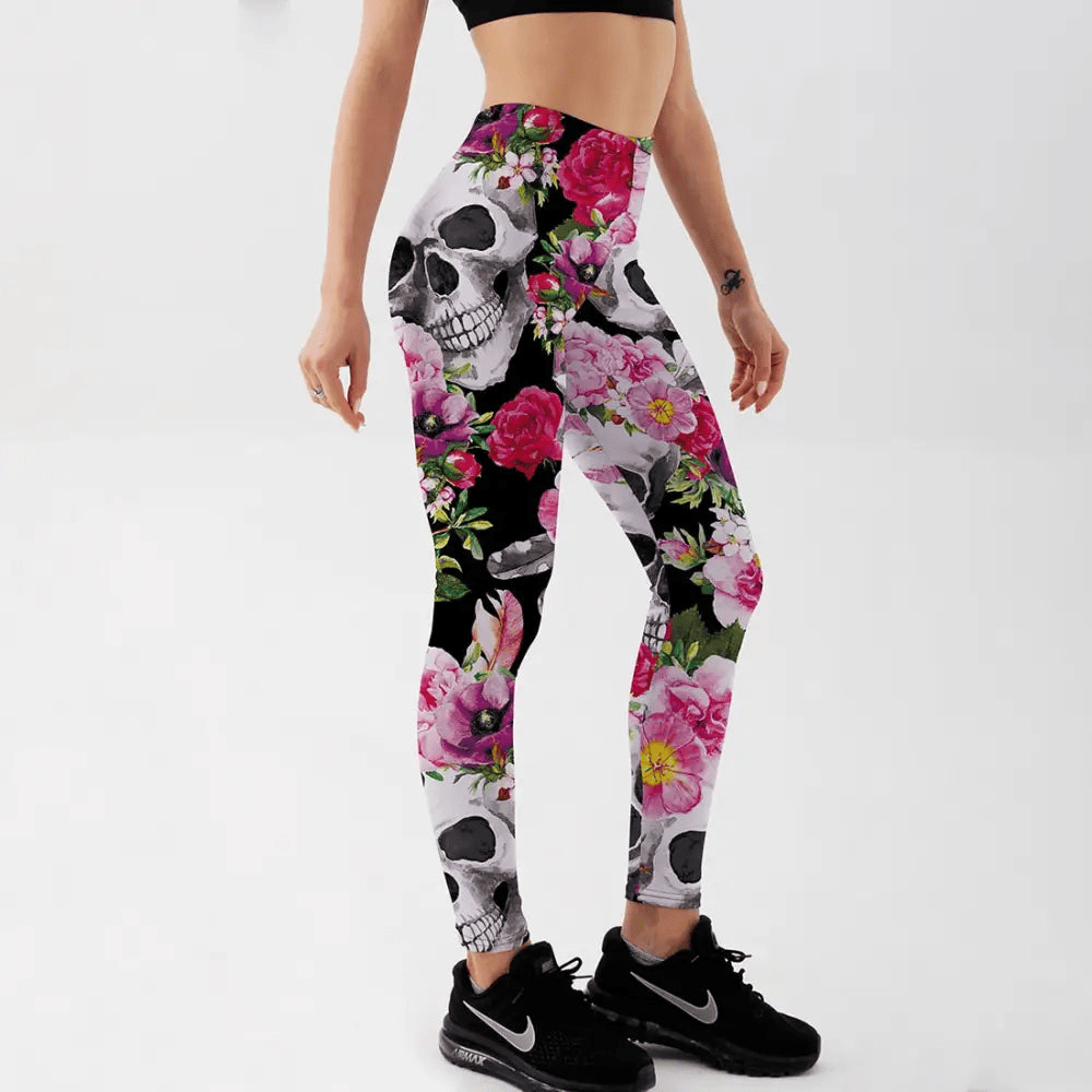 Skull Leggings Skull And All Type Of Flower High Waisted Legging Pink Black For Women