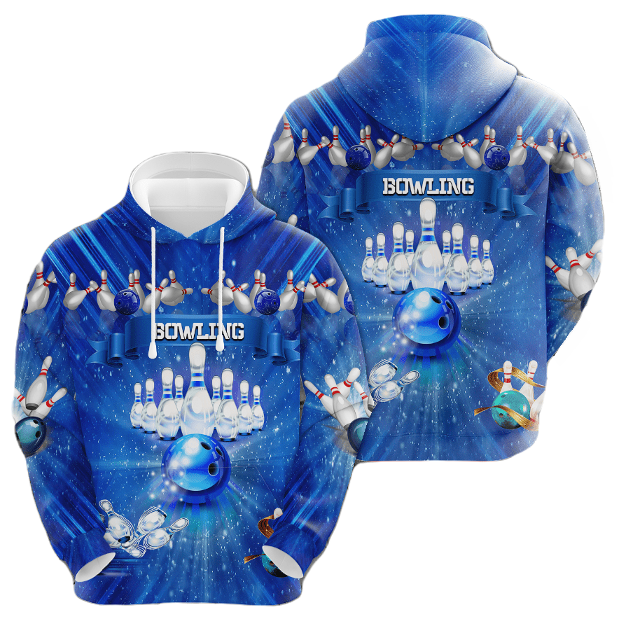 Bowling Hoodie Bowling Glowing Pins And Balls Hoodie Blue Unisex