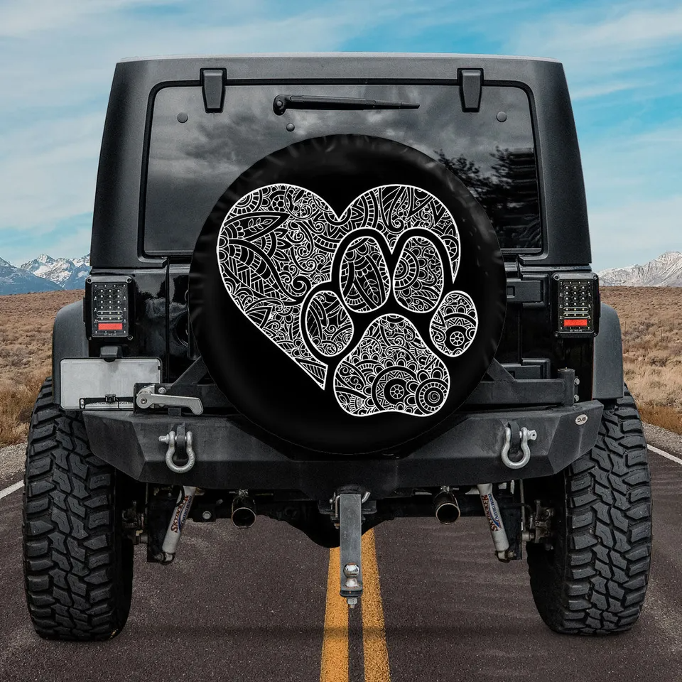 Dog Spare Tire Cover Dog Pawprint Heart Mandala Pattern Tire Covers Black