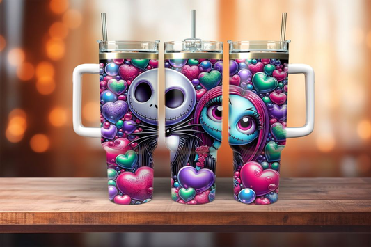 TNBC 40 Oz Tumbler Jack And Sally Heart Pattern Tumbler 40 Oz Colorful