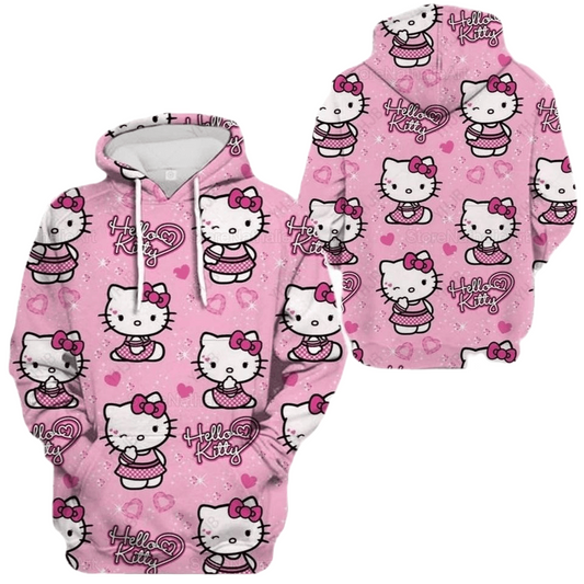 Hello Kitty Hoodie Hello Kitty Poses Pattern Hoodie Pink Unisex