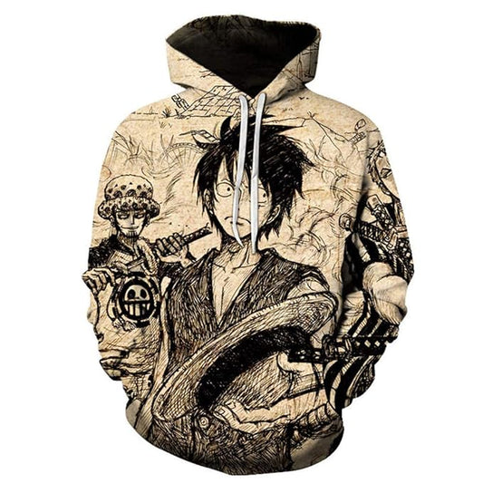 One Piece Hoodie Vintage Luffy Law Zoro Graphic Hoodie Black Unisex