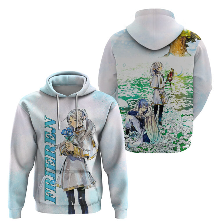 Frieren Beyond Journey’s End Hoodie Frieren And Himmerl On Flower Field Hoodie White Blue Unisex