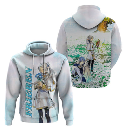 Frieren Beyond Journey’s End Hoodie Frieren And Himmerl On Flower Field Hoodie White Blue Unisex