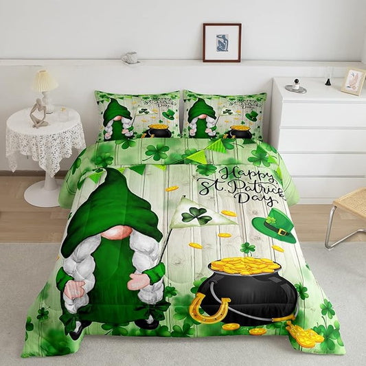 St Patrick Day Bedding Set Happy St Patrick Day Gnome Coin Caulron Duvet Covers Green Unique Gift