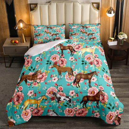 Horse Bedding Set All Types Of Horse Flower Pattern Duvet Covers Blue Pink Unique Gift