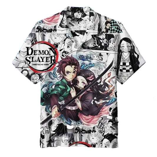 Demon Slayer Hawaii Shirt Tanjiro And Nezuko Manga Pattern Hawaiian Shirt Black White Unisex