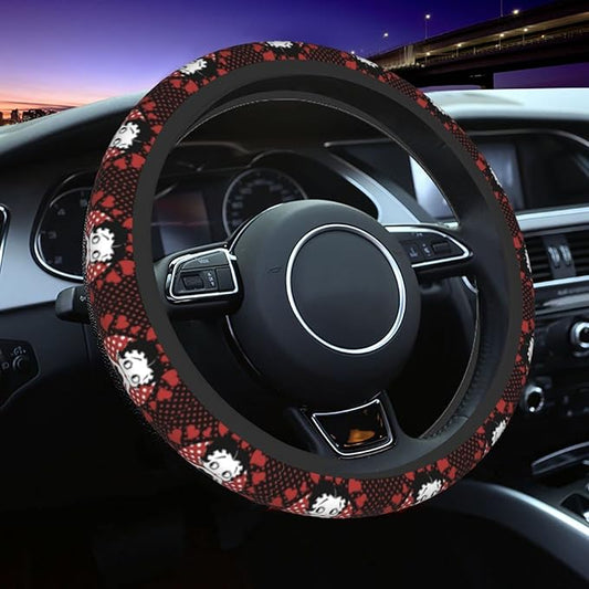 Betty Boop Steering Wheel Cover Betty Poop Heart Dots Pattern Driving Wheel Cover Black Red