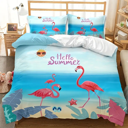 Flamingo Bedding Set Hello Summer Flamingo At The Beach Duvet Covers Pink Blue Unique Gift