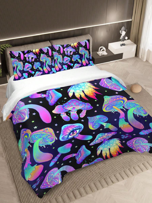 Mushroom Bedding Set Fantasy Mushroom Psychedelic Duvet Covers Black Purple Unique Gift