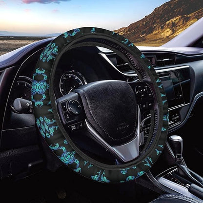 Native American Steering Wheel Cover Bohemia Sea Turtle Pattern Driving Wheel Cover Black Blue