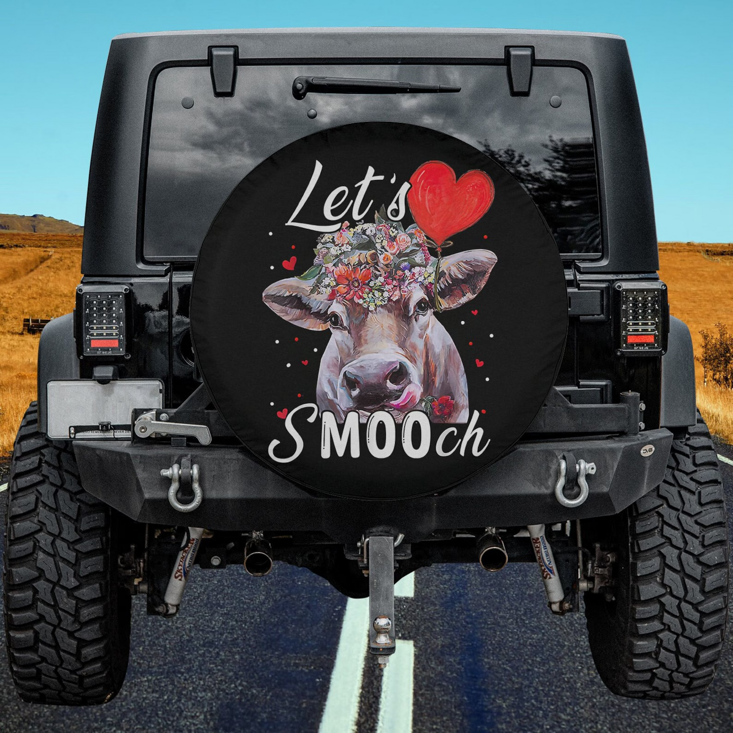 Cow Spare Tire Cover Flower Cow Let's Smooch Tire Covers Black