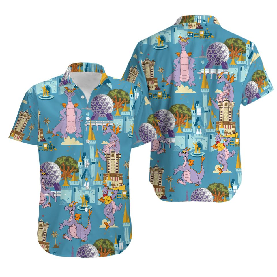 DN Hawaii Shirt DN World Epcot Figment Pattern Hawaiian Shirt Blue Unisex