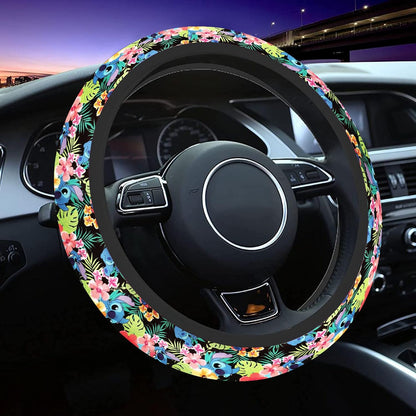 Stitch Steering Wheel Cover Stitch Tropical Flower And Leaves Pattern Driving Wheel Cover Colorful