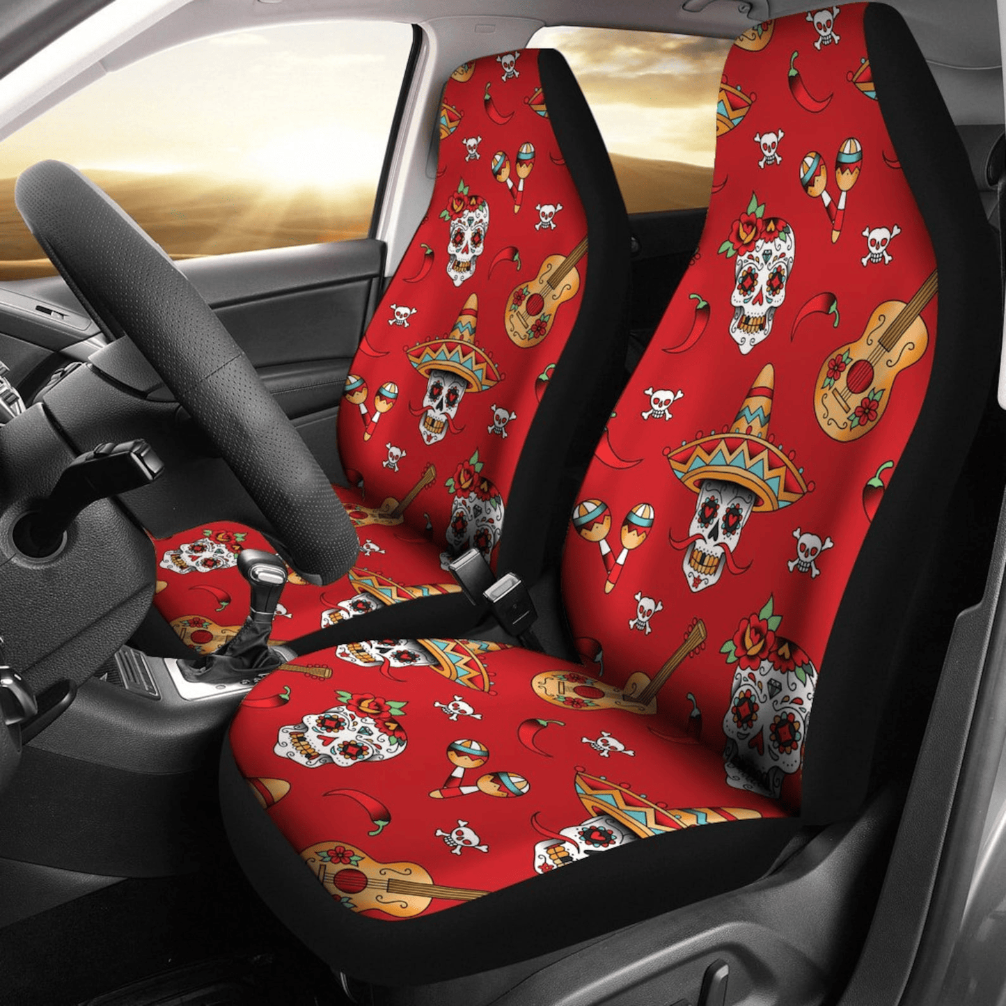 Skull Car Seat Covers Sugar Skull Guitar Pattern Seat Covers Red