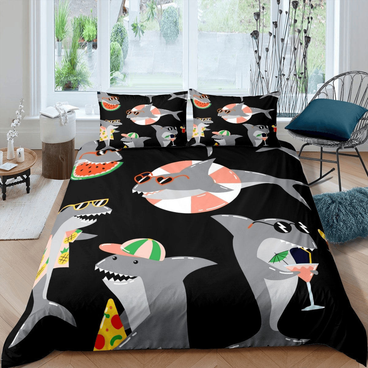 Shark Bedding Set Shark Summer Vibe Pattern Duvet Covers Black Unique Gift