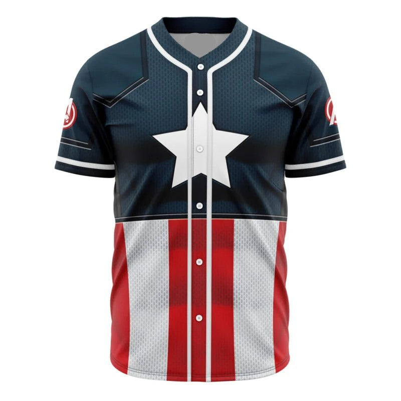 Marvel Jersey Marvel Hero Avengers Captain American Armor Suit Costume Red Blue Jersey Shirt Captain American Marvel Baseball Jersey For Men