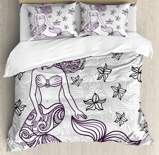 Mermaid Bedding Set Mermaid And Starfish Pattern Duvet Covers Gray Unique Gift