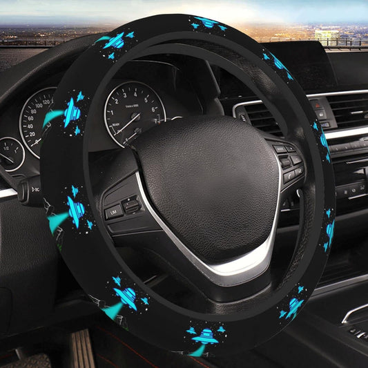 UFO Steering Wheel Cover UFO Above Bigfoot And Alien Driving Wheel Cover Black Blue