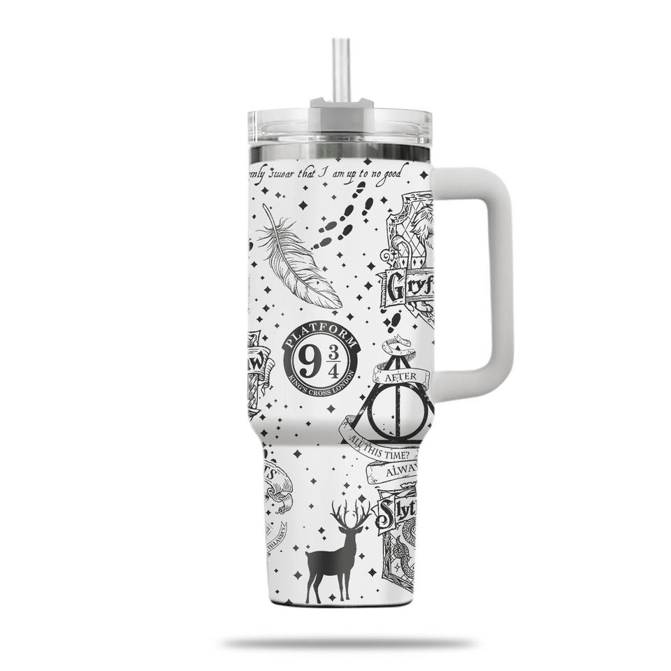 HP 40 Oz Tumbler HP House Crests Magical Items Pattern Tumbler 40 Oz Black White