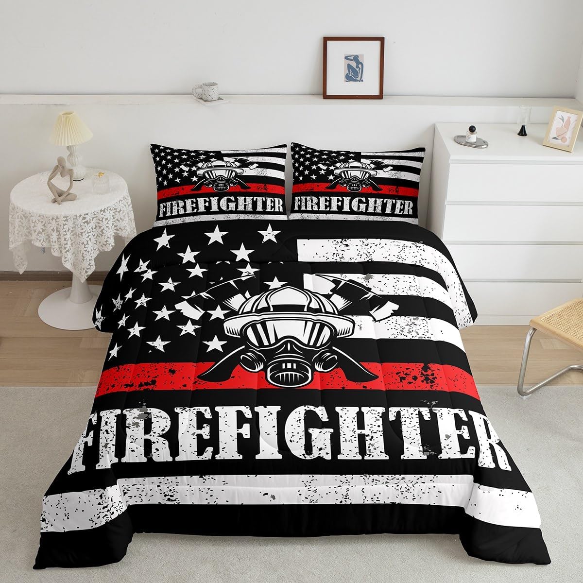 Firefighter Bedding Set Firefighter Helmet American Flag Duvet Covers Black White Unique Gift