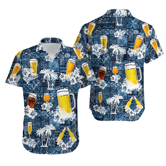 Beer Hawaii Shirt Beer Mug Glass Tropical Palm Tree Pattern Hawaiian Shirt Blue Unisex