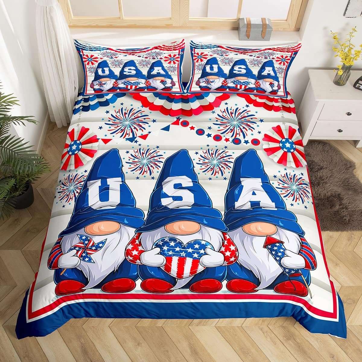 4th of July Bedding Set USA Independence Day Gnomes Duvet Covers Blue Red Unique Gift