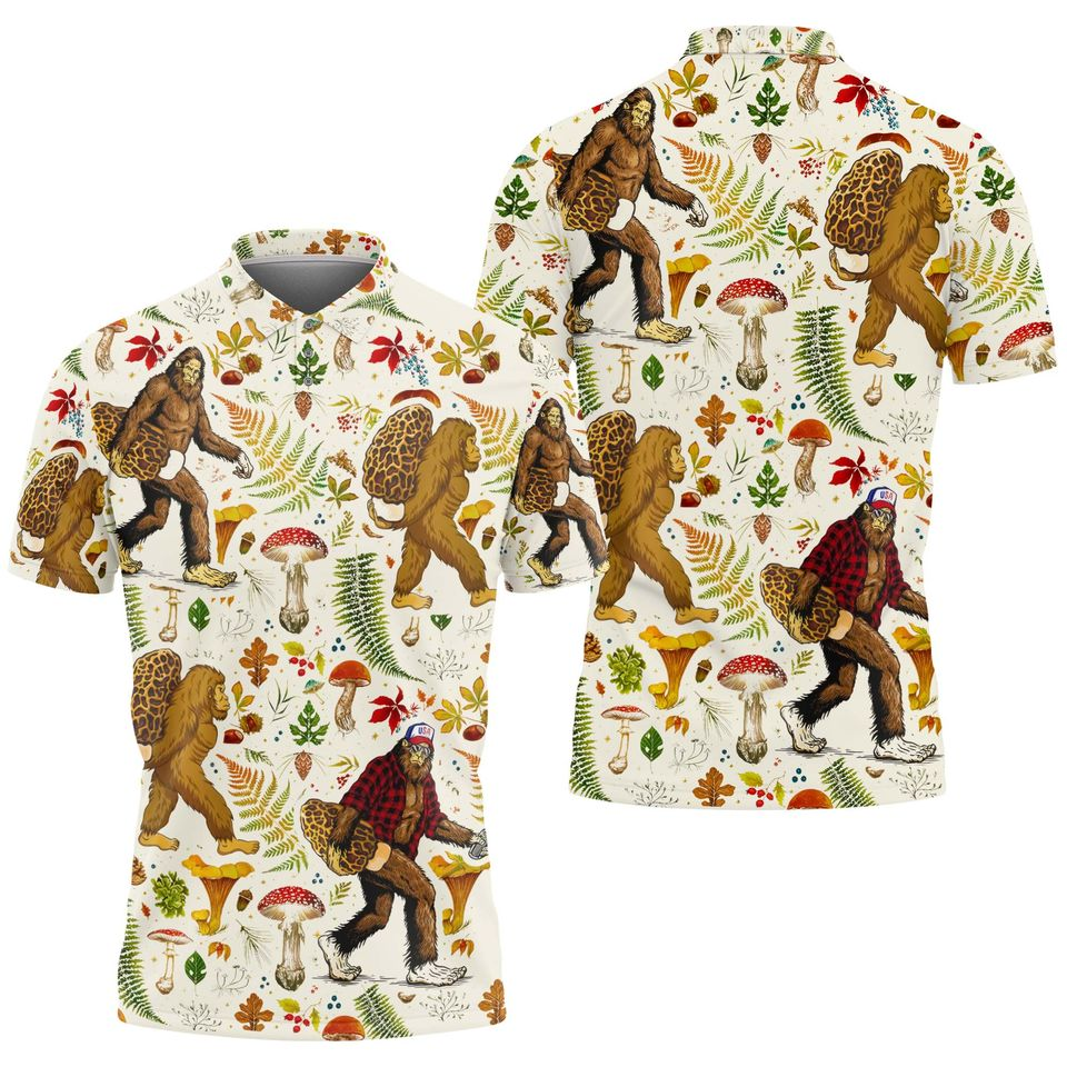 Bigfoot Polo Shirt Bigfoot And Mushroom Pattern Polo Tees White Brown