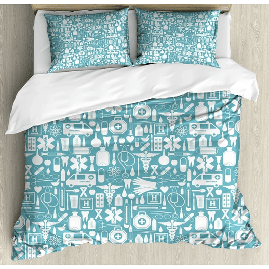 Nurse Bedding Set Medication Hospital Health Care Symbols Duvet Covers Blue White Unique Gift