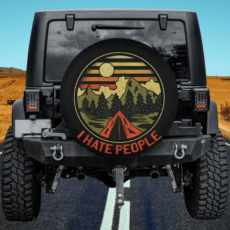 Camping Spare Tire Cover Camping Tent Mountain I Hate People Tire Covers Black