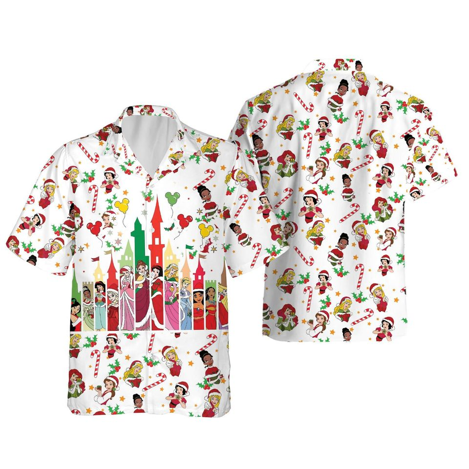 DN Hawaii Shirt DN Castle Princesses Christmas Pattern Hawaiian Shirt White Red Unisex