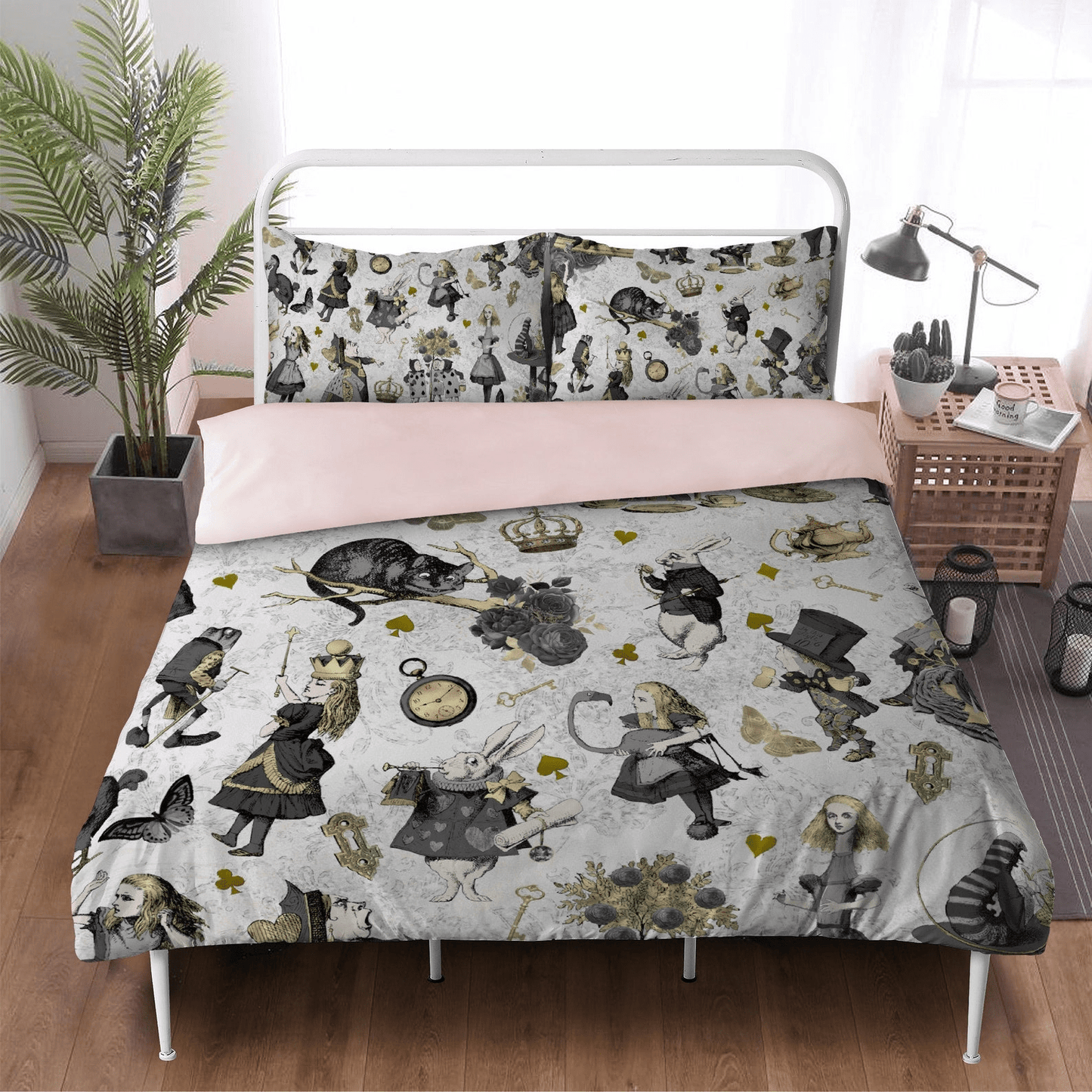 Alice In Wonderland Bedding Set Vintage Alice And Characters Pattern Duvet Covers Gray Unique Gift