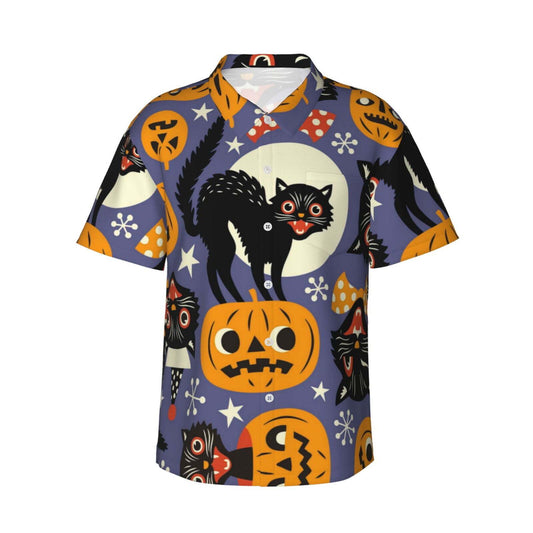 Halloween Hawaii Shirt Spooky Cats And Halloween Pumpkins Hawaiian Shirt Orange Blue Unisex