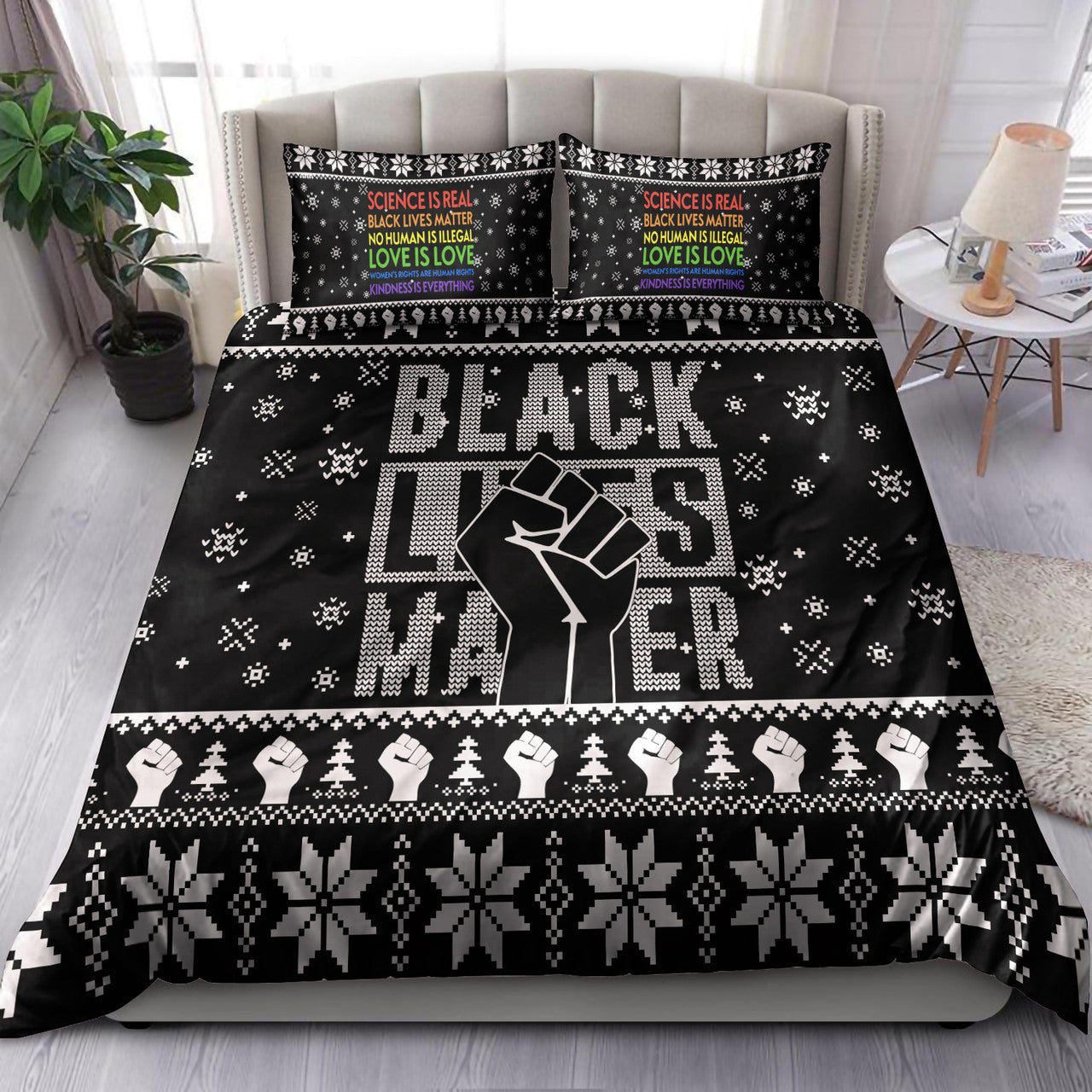 BLM Bedding Set BLM Christmas Snowflakes Pattern Duvet Covers Black Unique Gift