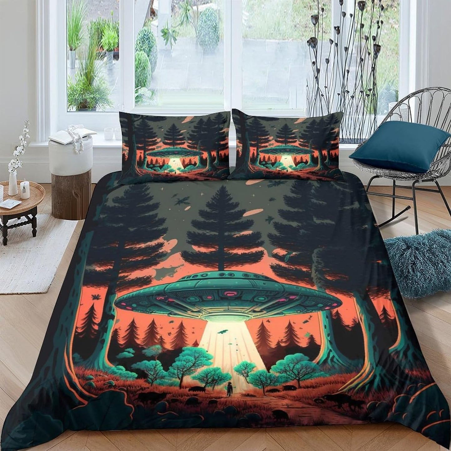 UFO Bedding Set UFO Kidnap Animal In Forest Duvet Covers Colorful Unique Gift